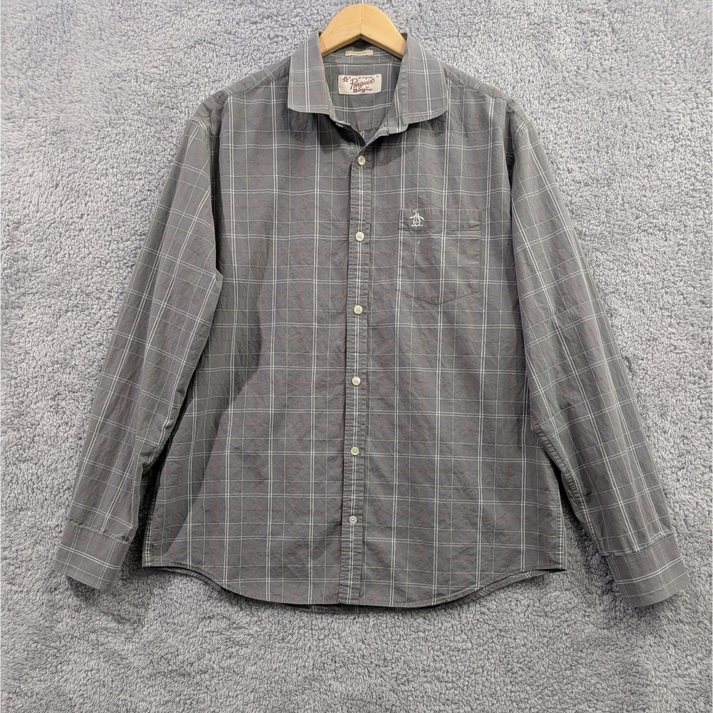 Original‎ Penguin Button Down Men's XL Gray Plaid Classic Fit Long Sleeve Shirt